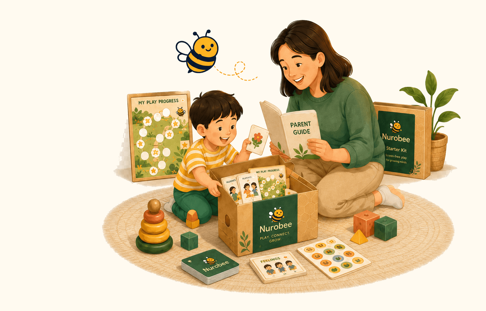 A parent and child unboxing the Nurobee starter kit