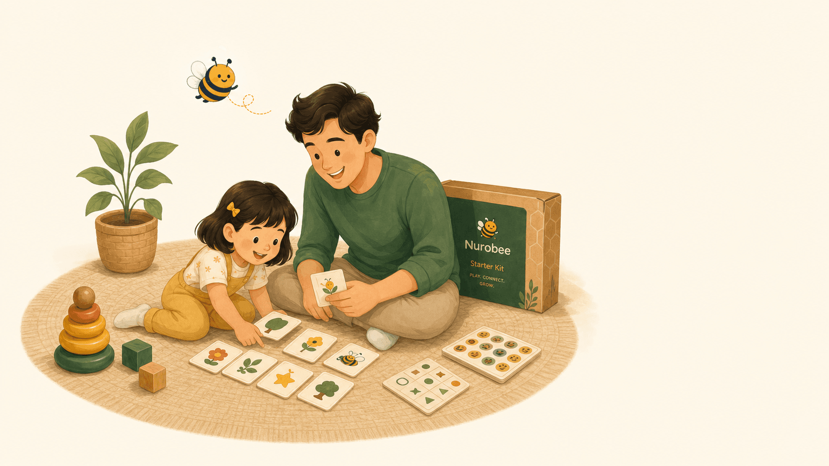 A parent and child using Nurobee activity cards together